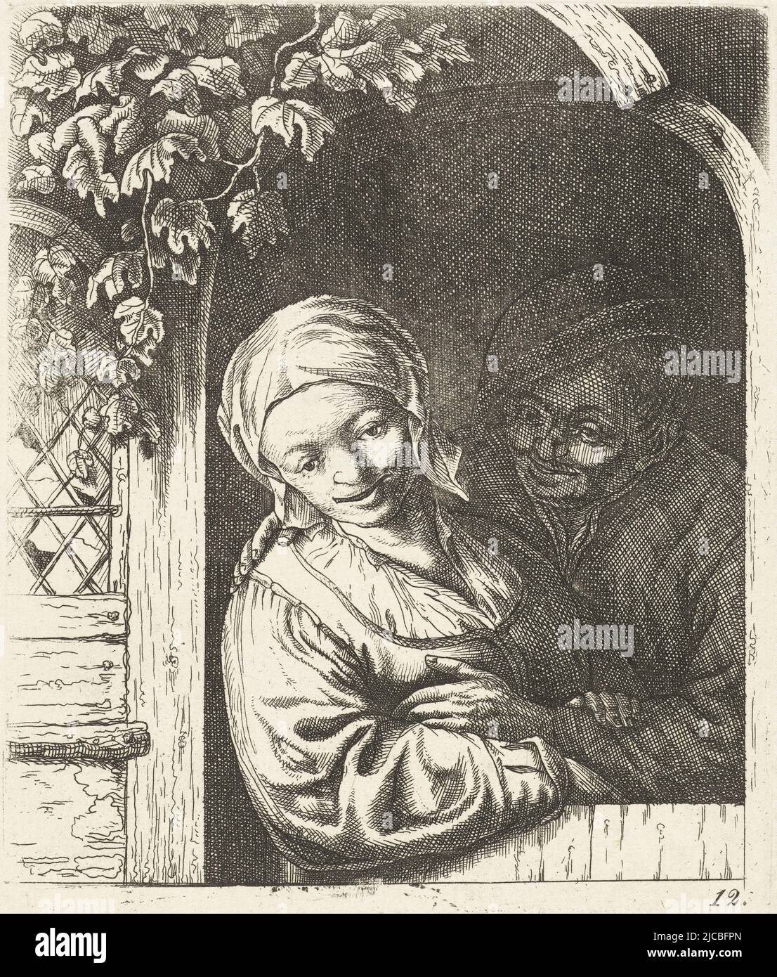 Copy of print Peasant and Peasant Woman as a Love Couple in a Doorway by Adriaen van Ostade, image reversed in mirror, Peasant and Peasant Woman as a Love Couple in a Doorway The Peasant Love Couple, Adriaen van Ostade, print maker: anonymous, Haarlem, 1650 - 1745, paper, etching, h 129 mm × w 103 mm Stock Photo