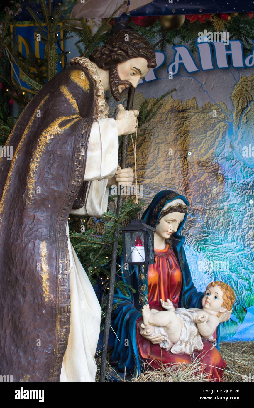 christmas statuettes maria with baby on hands and josep Stock Photo