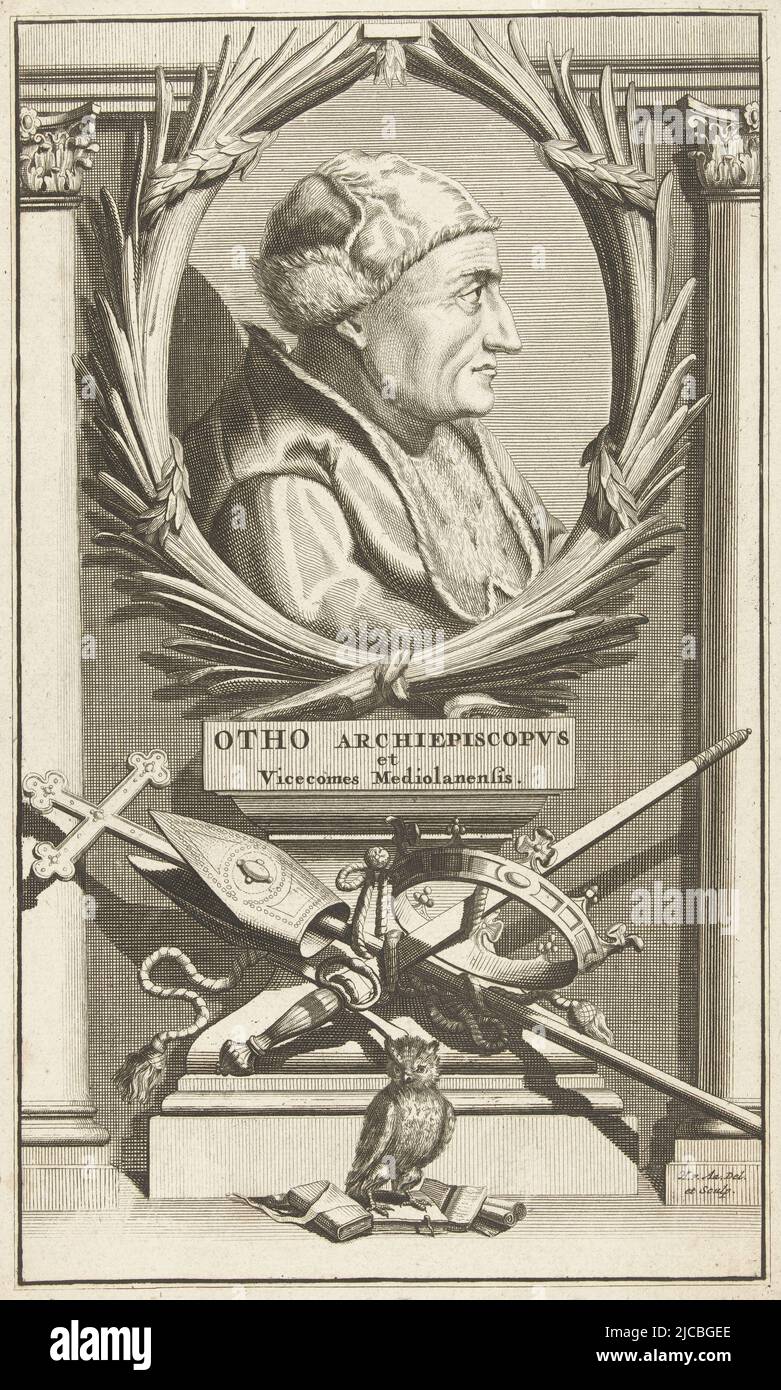Portrait of the bishop in a laurel wreath, columns on either side Below the portrait the attributes of the bishop as ecclesiastical ruler mitre and cross and as secular ruler sword and crown, Portrait of bisshop Otho of Milan Otho Archiepiscopvs et Vicecomes Mediolanensis , print maker: Hillebrand van der Aa, (mentioned on object), Hillebrand van der Aa, (mentioned on object), Leiden, c. 1680 - before 1721, paper, etching, engraving, h 283 mm × w 170 mm Stock Photo