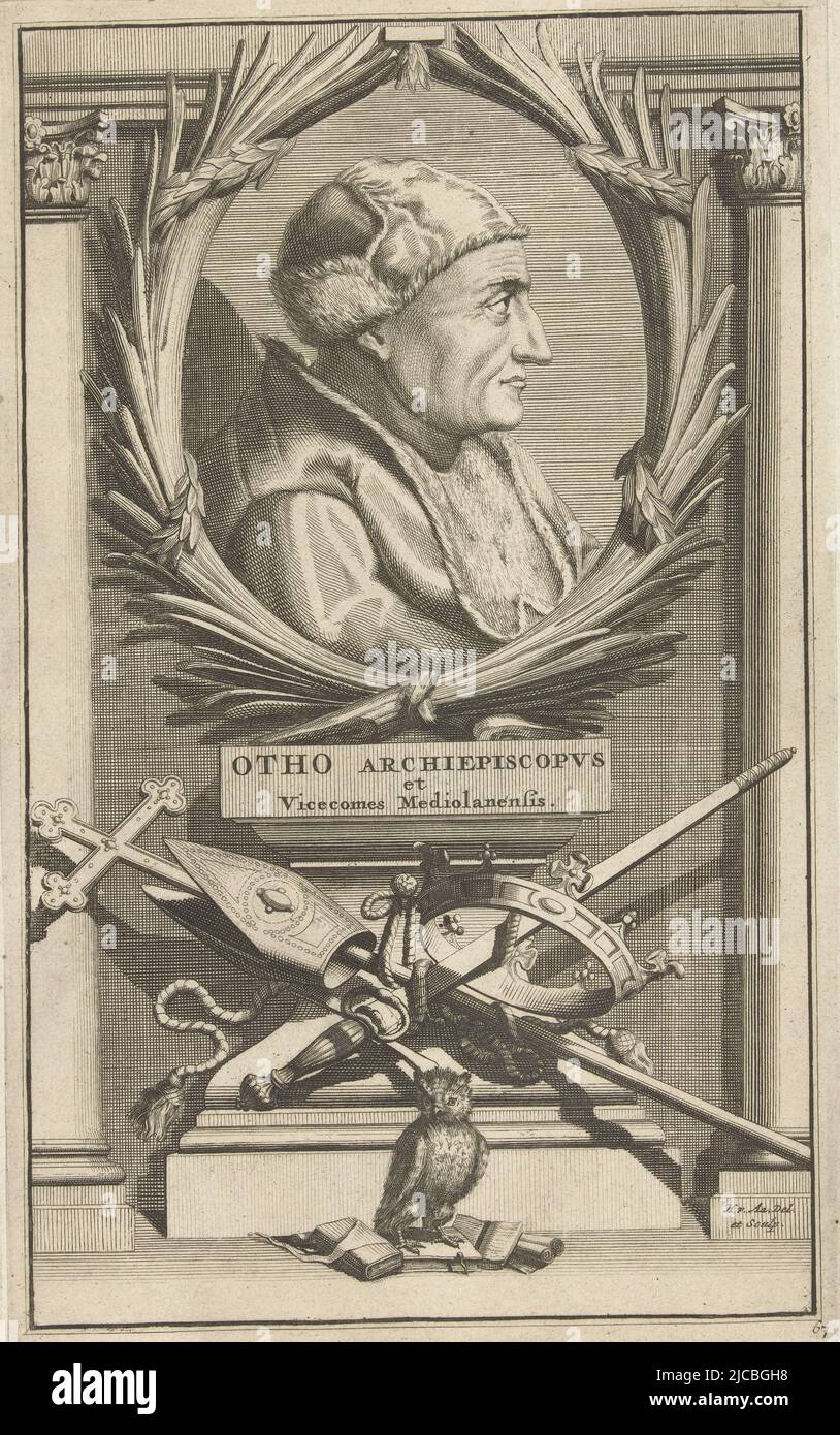 Portrait of the bishop in a laurel wreath, columns on either side Below the portrait the attributes of the bishop as ecclesiastical ruler mitre and cross and as secular ruler sword and crown, Portrait of Bishop Otho of Milan Otho Archiepiscopvs et Vicecomes Mediolanensis , print maker: Hillebrand van der Aa, (mentioned on object), Hillebrand van der Aa, (mentioned on object), Leiden, c. 1680 - before 1721, paper, etching, engraving, h 275 mm × w 170 mm Stock Photo