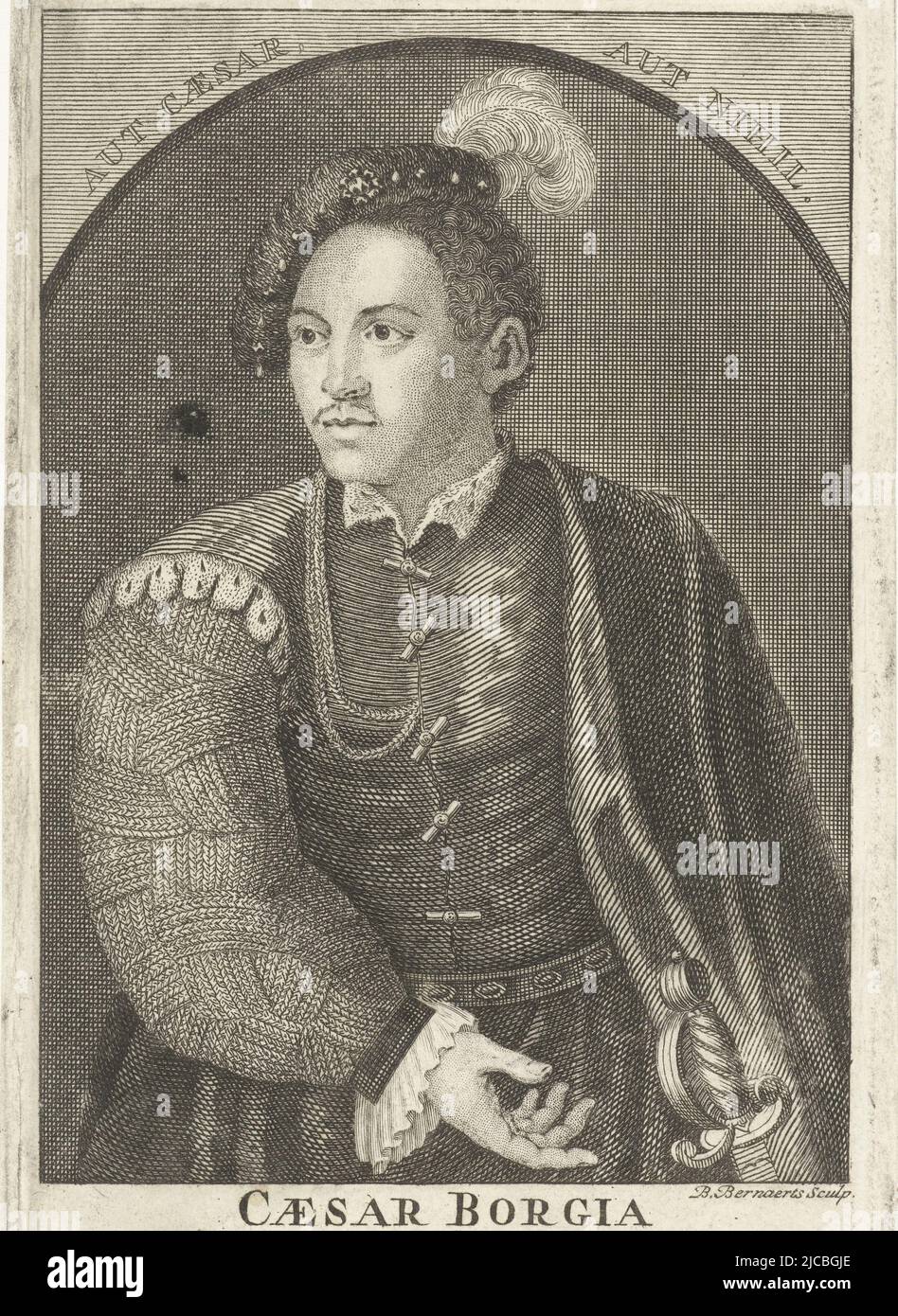 Portrait of Cesare Borgia with sword and beret Below the portrait a verse in Latin, Portrait of Cesare Borgia, print maker: Balthasar Bernards, (mentioned on object), Amsterdam, 1732, paper, etching, h 143 mm × w 85 mm Stock Photo