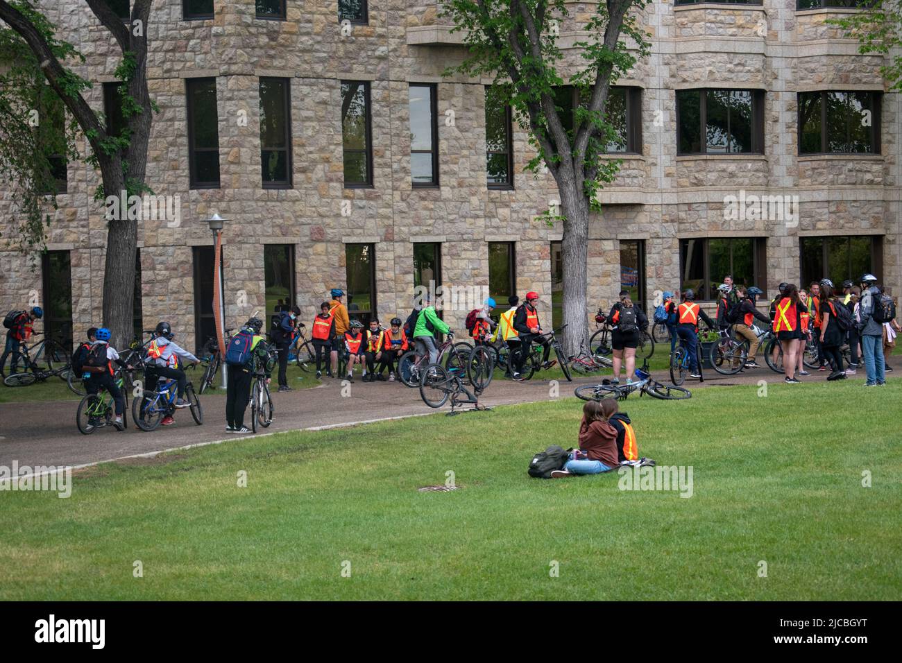 Students on a bike trip to the University of Saskatchewan, Main Campus, Saskatoon, Saskatchewan. Stock Photo