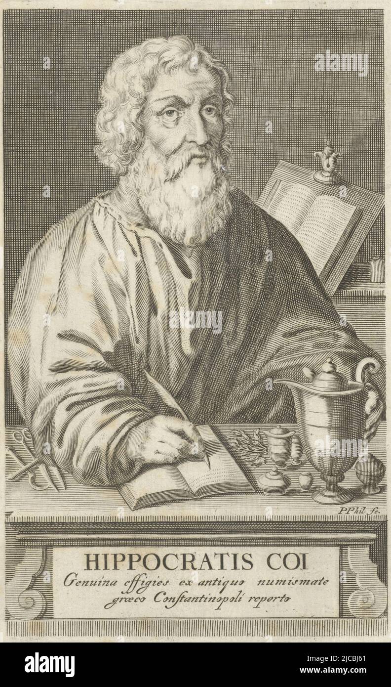 The Greek physician Hippocrates of Kos in his study room, writing with a feather in a book On the table are some medical instruments, Portrait of Hippocrates of Kos, print maker: Pieter Philippe, (mentioned on object), The Hague, 1635 - 1702, paper, engraving, h 165 mm × w 102 mm Stock Photo