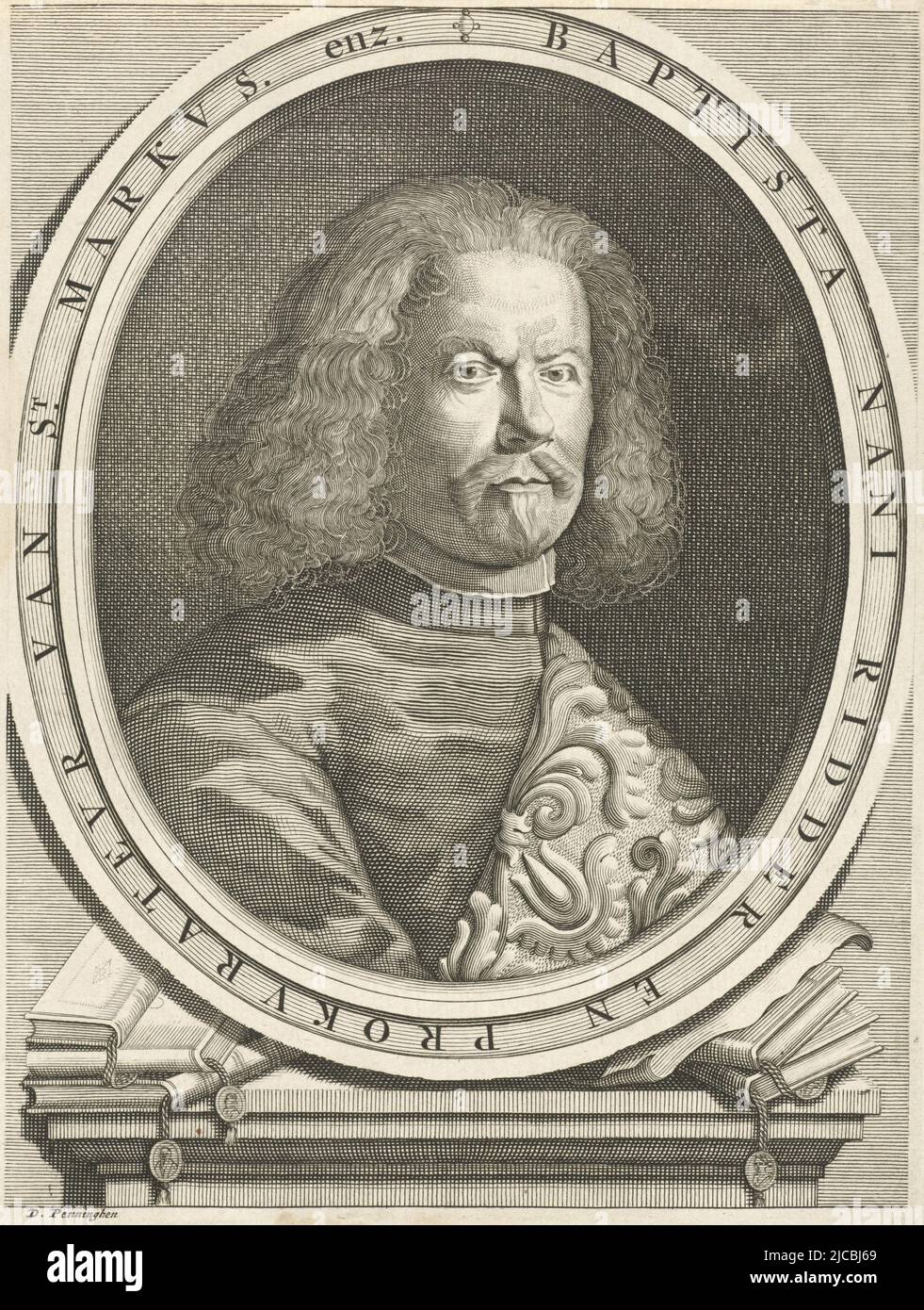 Portrait of the Venetian writer Baptista Nani The frame of his portrait rests on a pied-a-terre on which are various books, Portrait of Baptista Nani, print maker: Daniël met de Penningen, (mentioned on object), Amsterdam, 1685 - 1696, paper, engraving, h 195 mm × w 147 mm Stock Photo