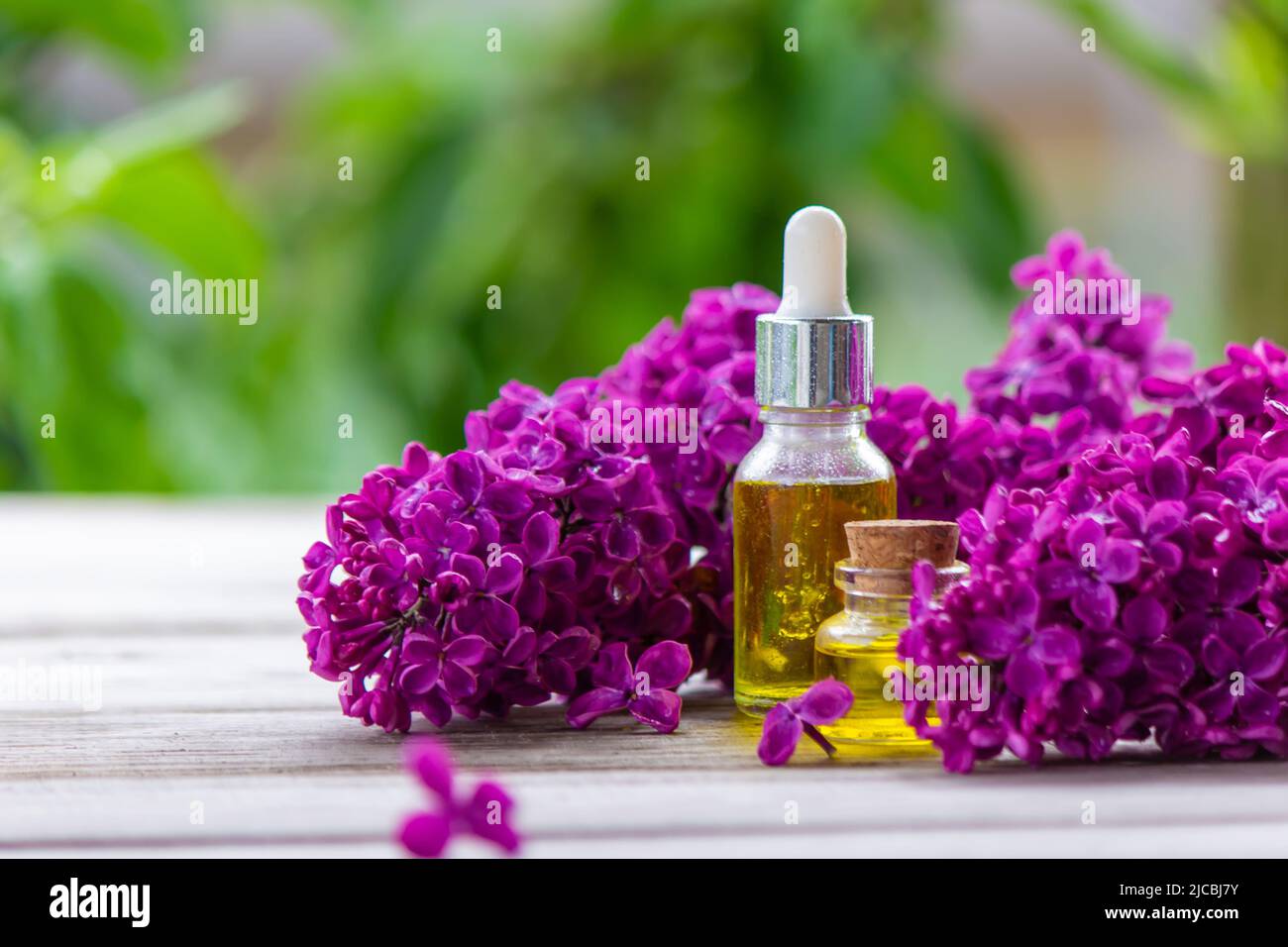 Lilac essential oil in a small bottle. Selective focus. Stock Photo by  solovei23