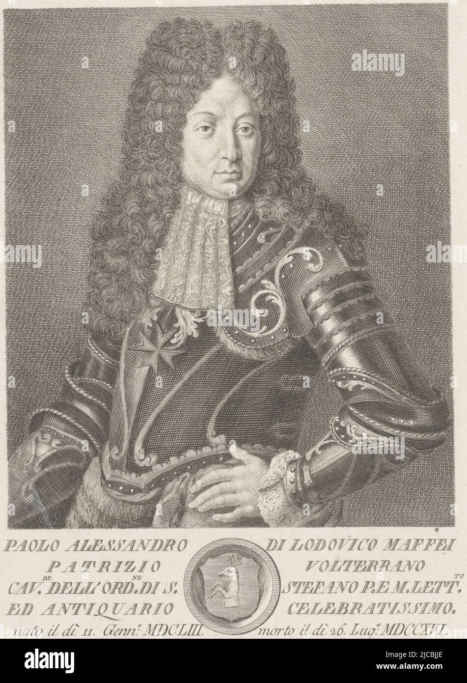 Portrait of Paolo Alessandro Maffei, with his hand at his side Below the portrait a text in Italian and a coat of arms in a circular frame, Portrait of Paolo Alessandro Maffei Portraits of famous Italians with coat of arms in lower margin , print maker: Francesco Allegrini, (mentioned on object), intermediary draughtsman: F. Forzoni, (mentioned on object), Italy, 1769, paper, engraving, h 297 mm × w 201 mm Stock Photo
