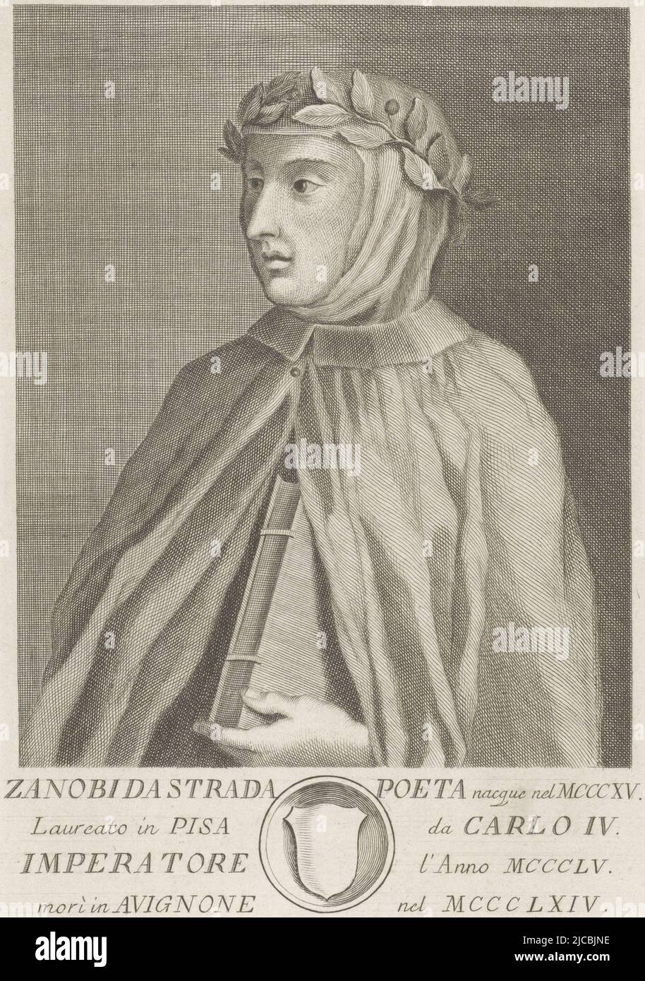 Portrait of Zanobi da Strada, with a lariat wreath on his head and a book under his arm Below the portrait a text in Italian and a coat of arms in a circular frame, Portrait of Zanobi da Strada Portraits of famous Italians with coat of arms in lower margin , print maker: Francesco Allegrini, (mentioned on object), intermediary draughtsman: Giuliano Traballesi, (mentioned on object), Lorenzo Ottavio del Rosso, (mentioned on object), Italy, 1761, paper, engraving, h 291 mm × w 187 mm Stock Photo