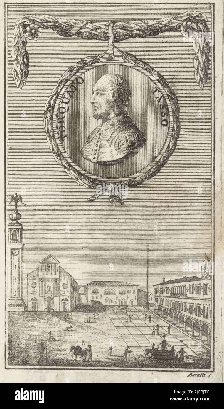 Below the portrait a representation of an Italian town square, Portrait of poet Torquato Tasso, print maker: Antonio Baratta, (mentioned on object), Italy, 1734 - 1787, paper, engraving, h 147 mm - w 85 mm Stock Photo