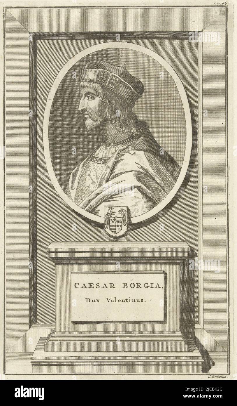 Portrait of Cardinal Cesare Borgia in oval with small coat of arms on shield The shield is on a stone plinth, Portrait of Cardinal Cesare Borgia Caesar Borgia Dux Valentinus , print maker: C. Brixius, (mentioned on object), Low Countries, 1700 - 1799, paper, etching, h 276 mm × w 173 mm Stock Photo