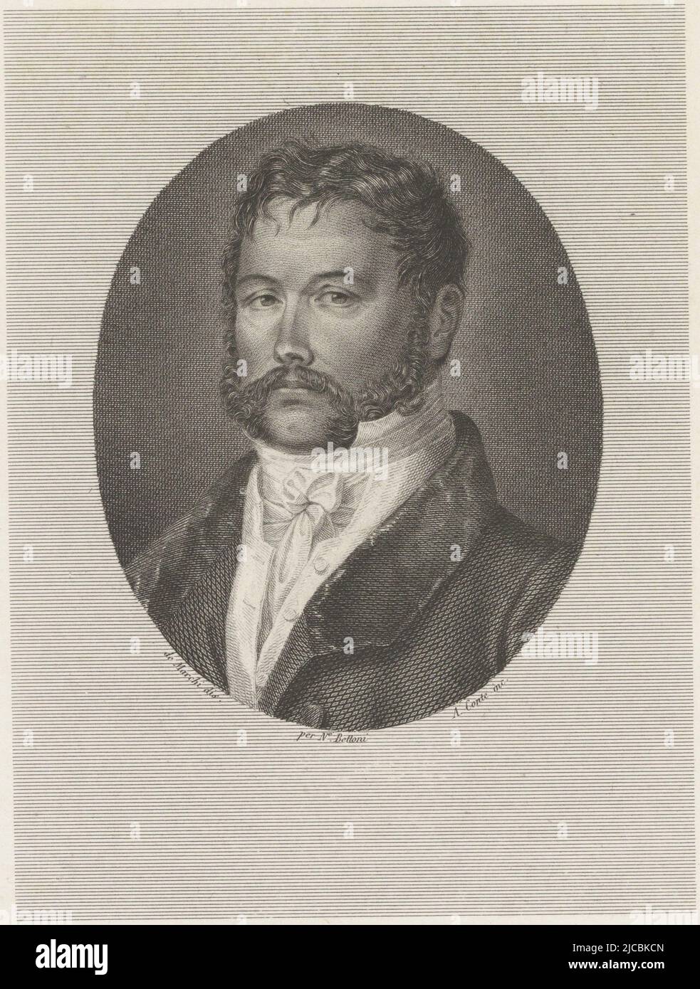 Portrait of Giovanni Battista Belzoni, print maker: Antonio Conte, (mentioned on object), intermediary draughtsman: De Marchi, (mentioned on object), publisher: Niccolò Bettoni, (mentioned on object), Italy, 1790 - 1837, paper, engraving, etching, h 325 mm × w 230 mm Stock Photo