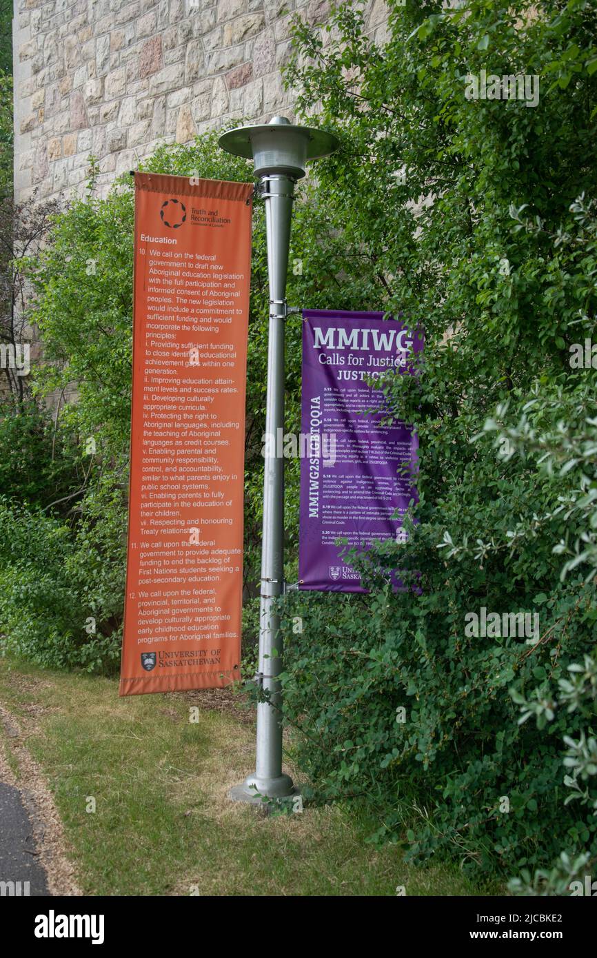 MMIWG Missing and Murdered Indigenous Women and Girls Banner at the University of Saskatchewan, Main Campus, Saskatoon, Saskatchewan. Stock Photo