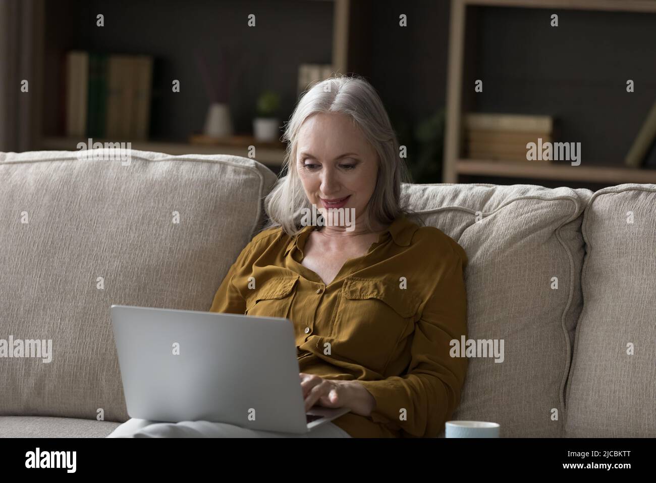 Pretty older woman sit on sofa using laptop Stock Photo