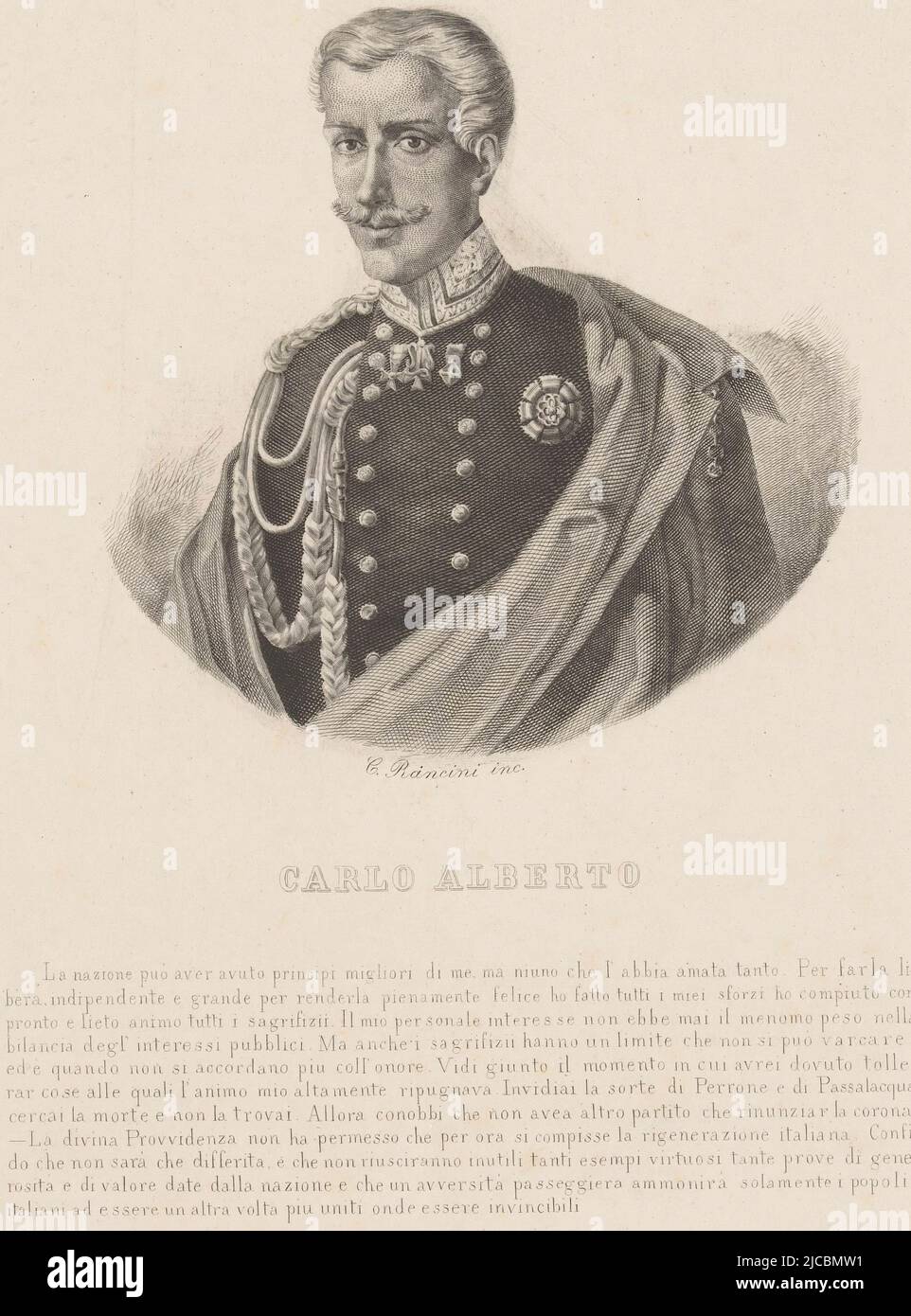 Portrait of Charles Albert, King of Sardinia, print maker: C. Rancini, (mentioned on object), Italy, c. 1849, paper, engraving, h 261 mm - w 170 mm Stock Photo