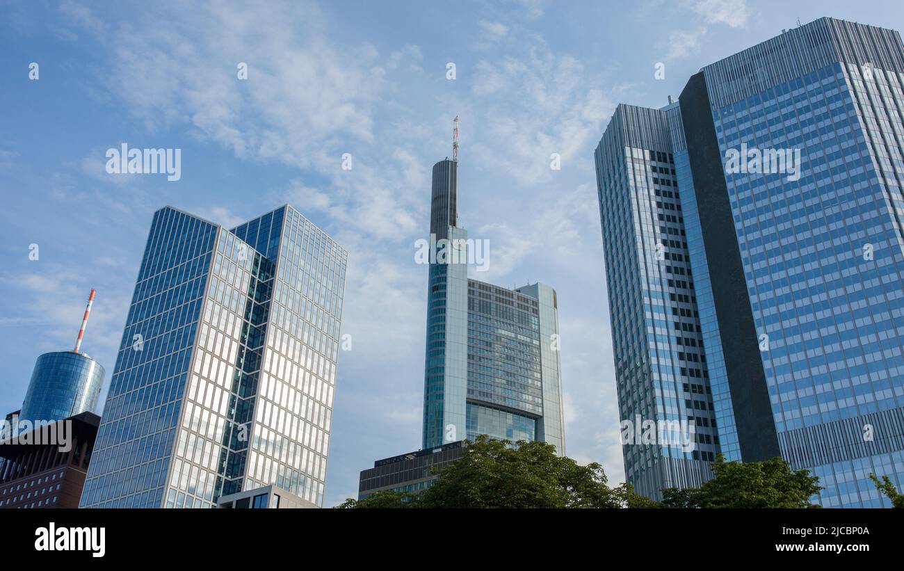 Frankfurt am Main, Germany - Aug 31, 2021: Skyscrapers of Frankfurt. In the middle the Commerzbank tower. Stock Photo