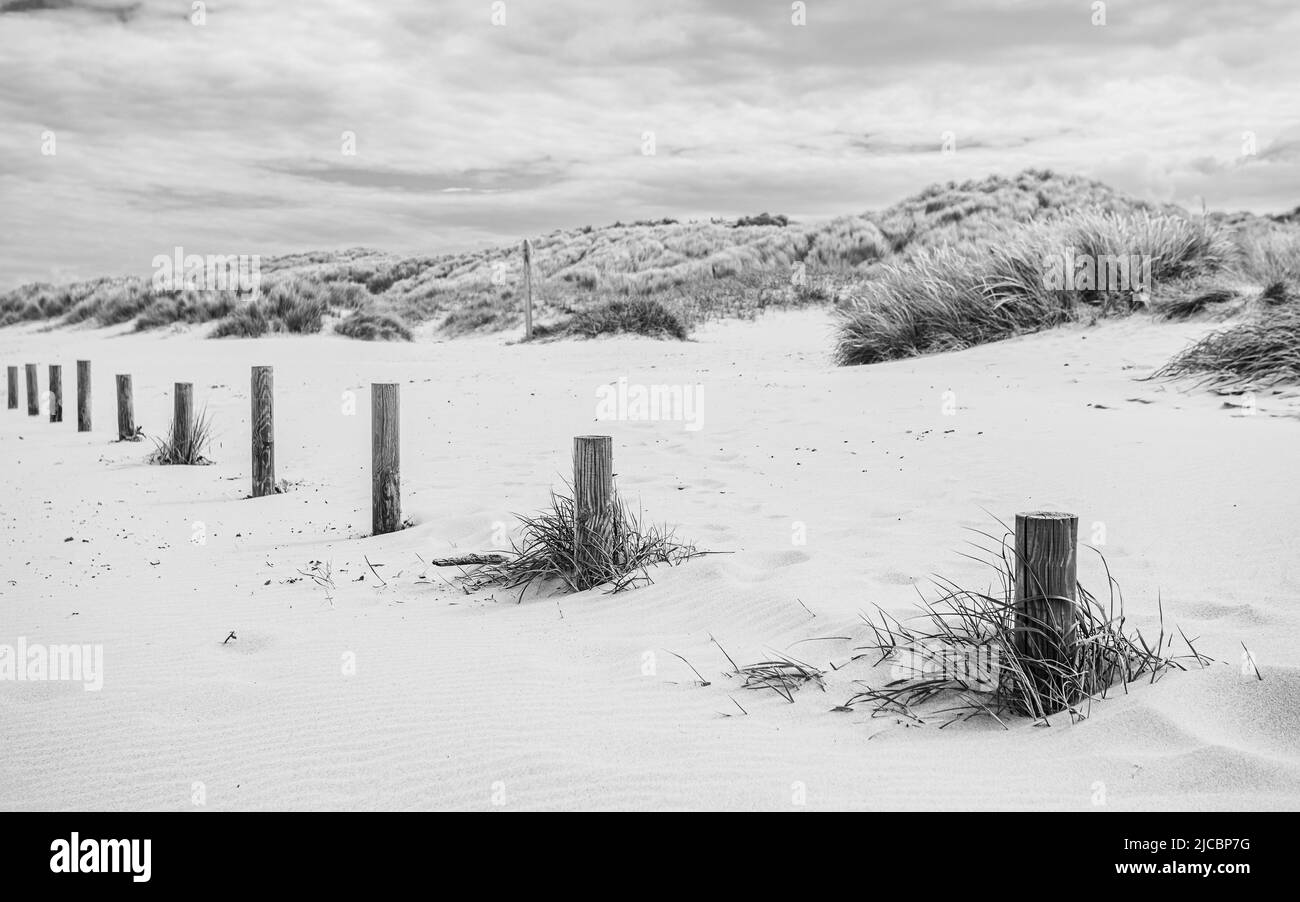 Wooden posts on Ainsdale beach mark the perimeter of the car park used by the public. Stock Photo