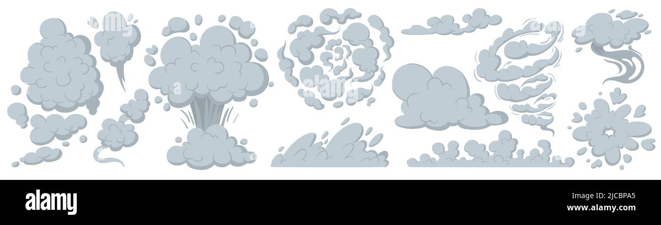Smog smell collection, puff smoke, explosion elements. Steaming cloud flows, clouds vector illustrations set. Cartoon smoke or dust clouds, smoke puff, stream cloud elements. Steaming dust silhouettes Stock Vector
