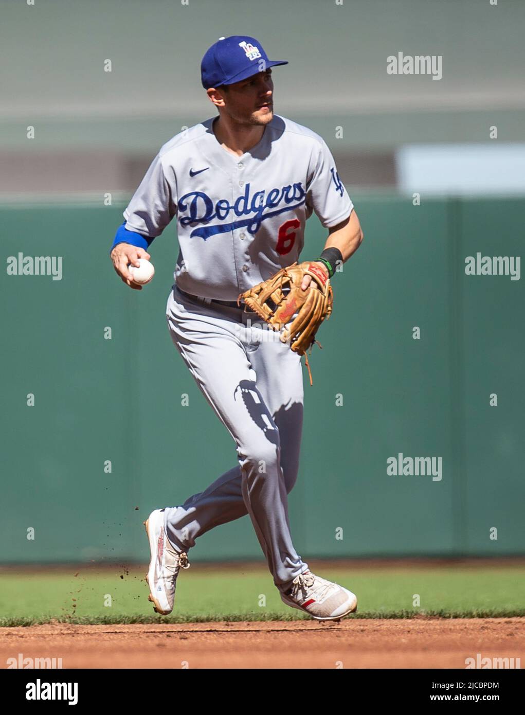 Los Angeles Dodgers shortstop Trea Turner (6) looks on during an MLB  regular season game against the Atlanta Braves, Wednesday, April 20th,  2022, in L Stock Photo - Alamy