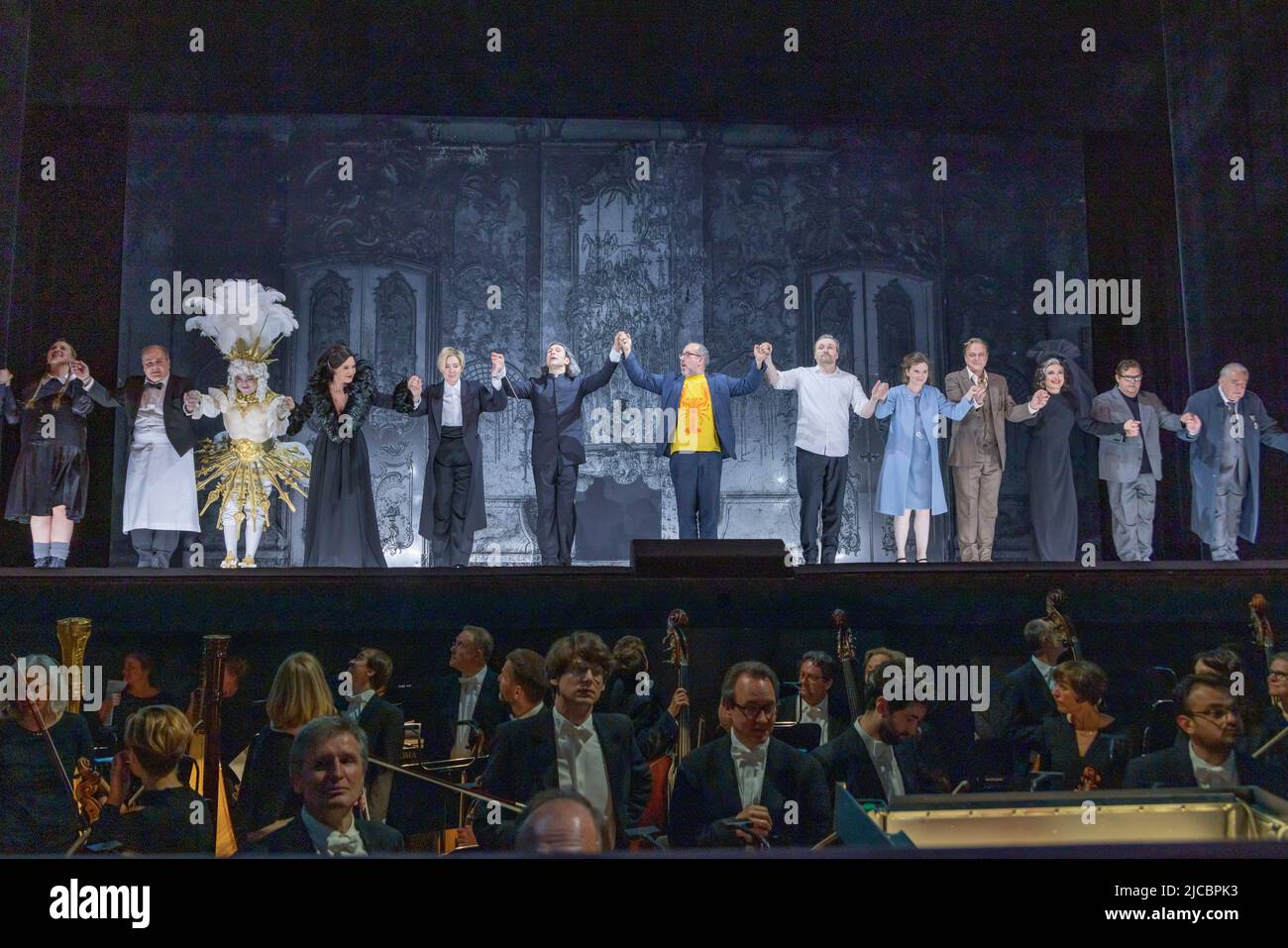 Curtain call of singers and orchestra at Der Rosenkavalier, Nationaltheater, Munich Opera House, Bavaria, Germany. Stock Photo