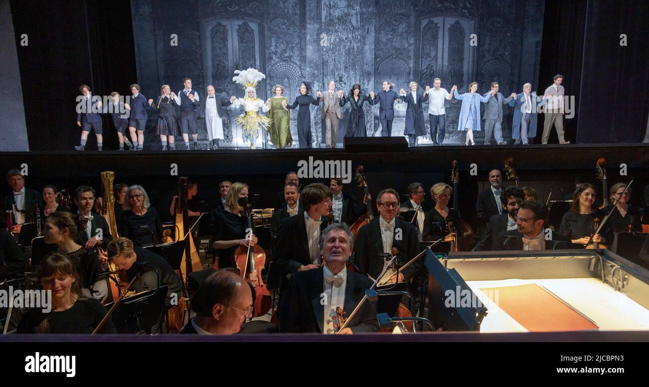 Curtain call of singers and orchestra at Der Rosenkavalier, Nationaltheater, Munich Opera House, Bavaria, Germany. Stock Photo
