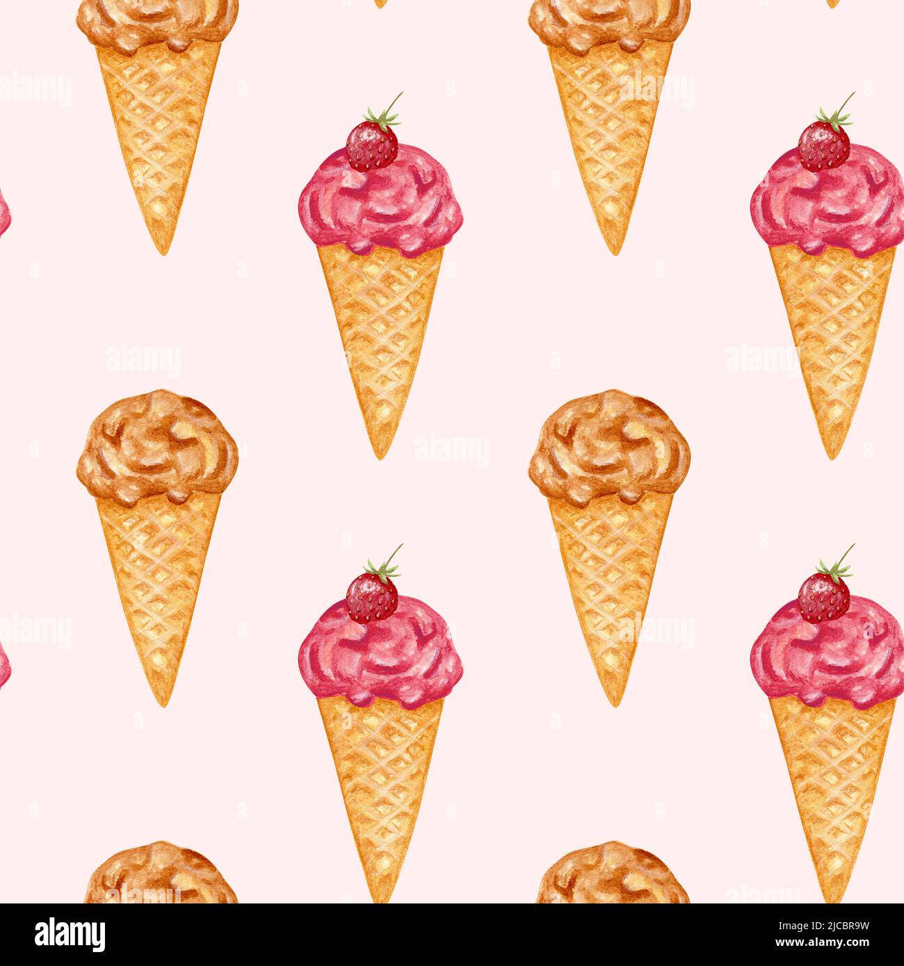 Ice cream. Watercolor seamless pattern with ice cream in a conical ...