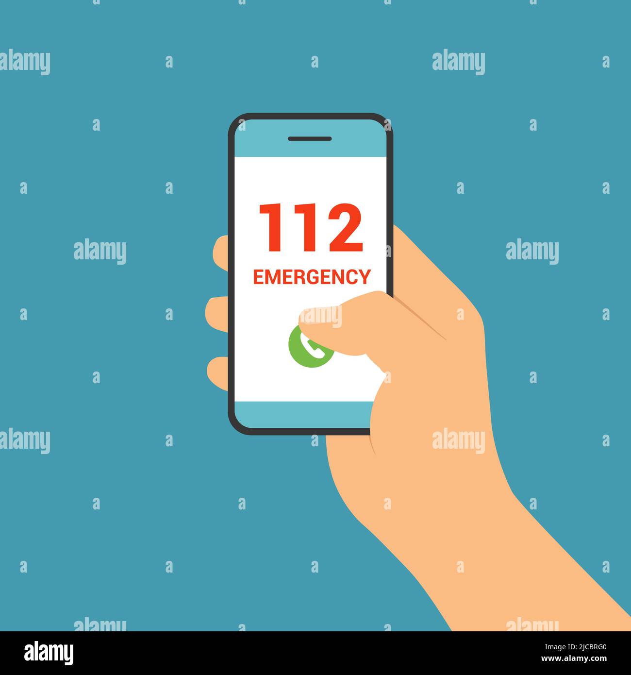 Flat design illustration of male hand holding touch screen mobile phone. Push button call number 112 emergency - vector Stock Vector