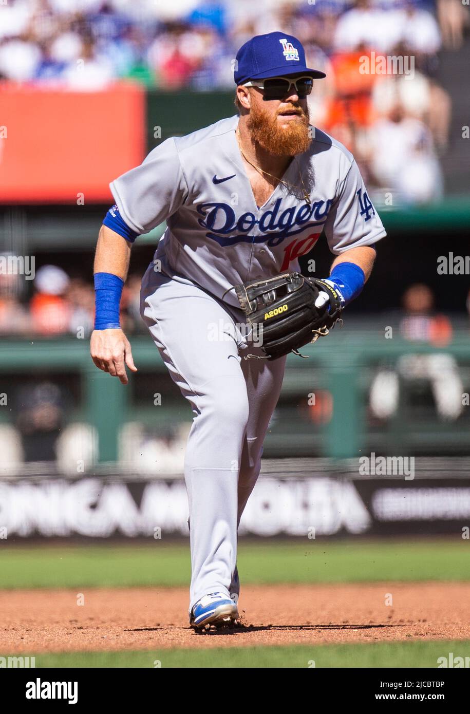 June 11 2022 San Francisco CA, U.S.A. Los Angeles third baseman Justin  Turner (10) ready to make an infield play during the MLB game between the  Los Angeles Dodgers and the San