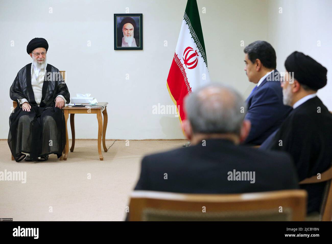June 11, 2022, Tehran, Tehran, Iran: A handout photo made available by the Iranian supreme leader's office shows Iranian supreme leader Ayatollah ALI KHAMENEI (L) talks to Iranian president EBRAHIM RAISI (R) and Venezuelan President NICOLAS MADURO (C) during a meeting in Tehran, Iran, 11 June 2022. Alongside the likes of Russia, China, Cuba, and Turkey, Iran is one of Venezuela's main allies, and like Venezuela, it is subject to tough US sanctions. Iran is the third country that Maduro is visiting this week after trips to Turkey and Algeria. (Credit Image: © Iranian Supreme Leader'S Office via Stock Photo