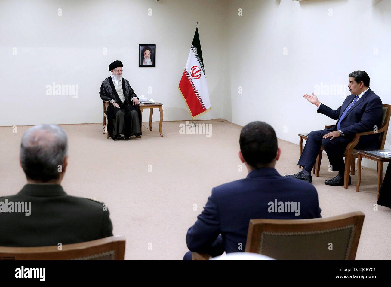 Tehran, Tehran, Iran. 11th June, 2022. A handout photo made available by the Iranian supreme leader's office shows Iranian supreme leader Ayatollah ALI KHAMENEI (L) talks to Venezuelan President NICOLAS MADURO (R) during a meeting in Tehran, Iran, 11 June 2022. Alongside the likes of Russia, China, Cuba, and Turkey, Iran is one of Venezuela's main allies, and like Venezuela, it is subject to tough US sanctions. Iran is the third country that Maduro is visiting this week after trips to Turkey and Algeria. (Credit Image: © Iranian Supreme Leader'S Office via ZUMA Press Wire) Stock Photo