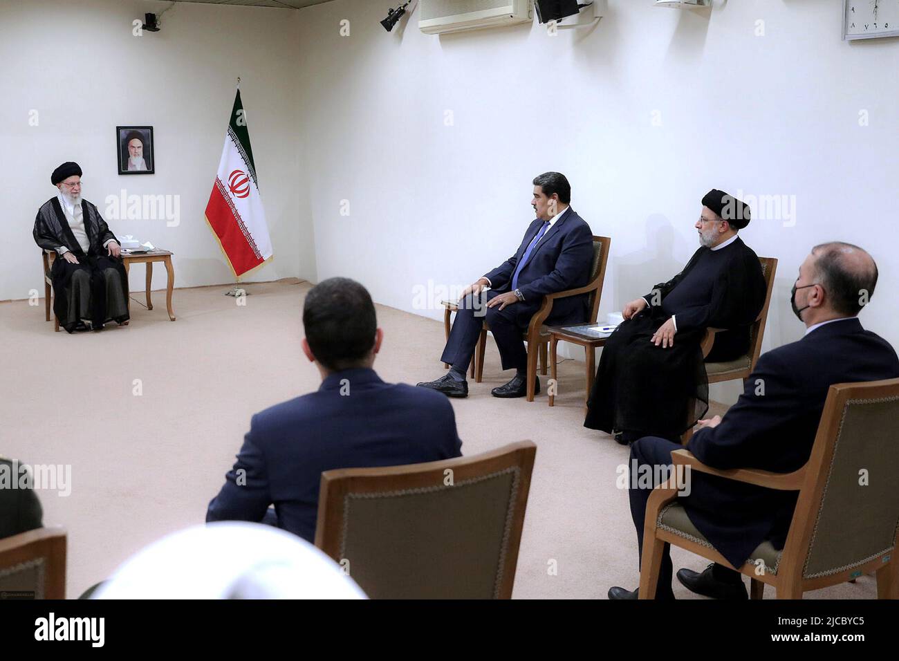 June 11, 2022, Tehran, Tehran, Iran: A handout photo made available by the Iranian supreme leader's office shows Iranian supreme leader Ayatollah ALI KHAMENEI (L) talks to Iranian president EBRAHIM RAISI (R) and Venezuelan President NICOLAS MADURO (C) during a meeting in Tehran, Iran, 11 June 2022. Alongside the likes of Russia, China, Cuba, and Turkey, Iran is one of Venezuela's main allies, and like Venezuela, it is subject to tough US sanctions. Iran is the third country that Maduro is visiting this week after trips to Turkey and Algeria. (Credit Image: © Iranian Supreme Leader'S Office via Stock Photo