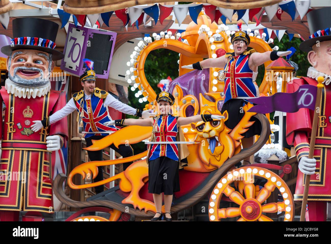 Bridgwater Carnival's Jubilation section of the Queen's Platinum Jubilee Pageant parade in The Mall, London, UK. Large vehicle float Stock Photo