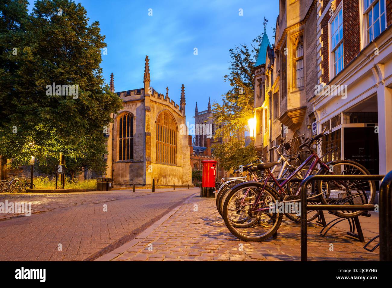 Dawn on Trinity Street in Cambridge, England. Stock Photo