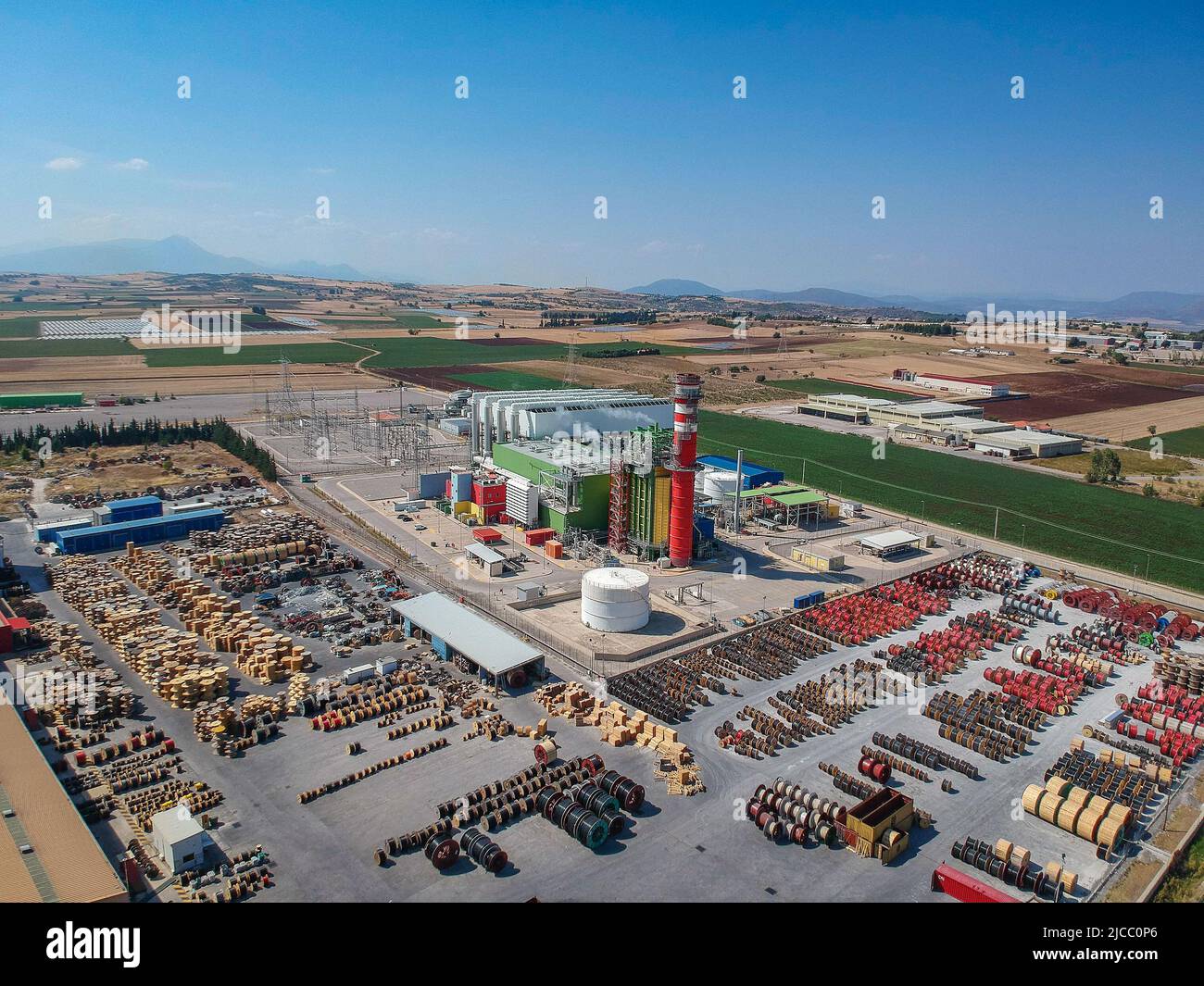 Artial view of CCGT Power Plant Thermoelectric plant near city of Thiva, in the region of Viotia, Greece. Thermal power station is a power station in Stock Photo