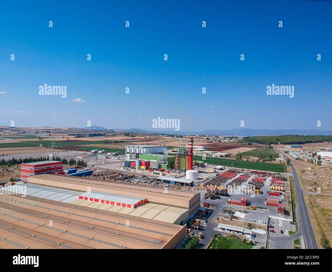 Artial view of CCGT Power Plant Thermoelectric plant near city of Thiva, in the region of Viotia, Greece. Thermal power station is a power station in Stock Photo