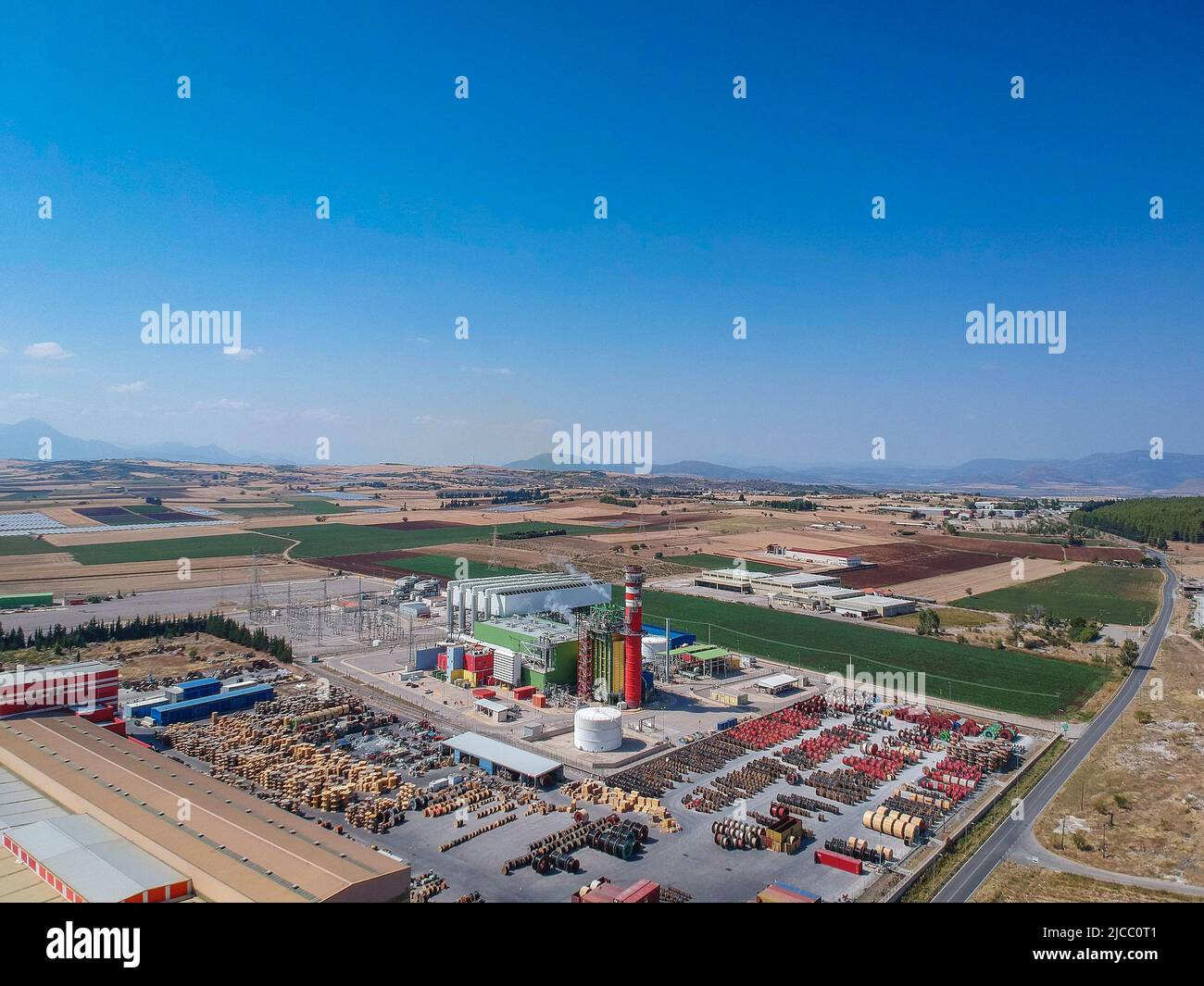 Artial view of CCGT Power Plant Thermoelectric plant near city of Thiva, in the region of Viotia, Greece. Thermal power station is a power station in Stock Photo