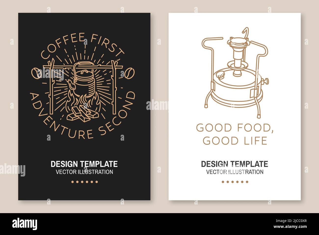 Coffee first, adventure second. Good food good life. Live, love, travel. Camping quote. Vector. Set of Line art flyer, brochure, banner, poster with Stock Vector