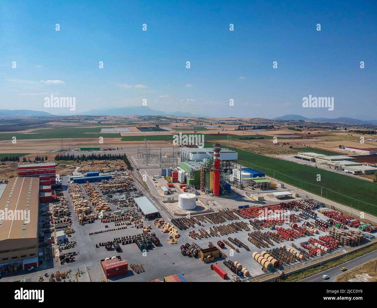 Artial view of CCGT Power Plant Thermoelectric plant near city of Thiva, in the region of Viotia, Greece. Thermal power station is a power station in Stock Photo