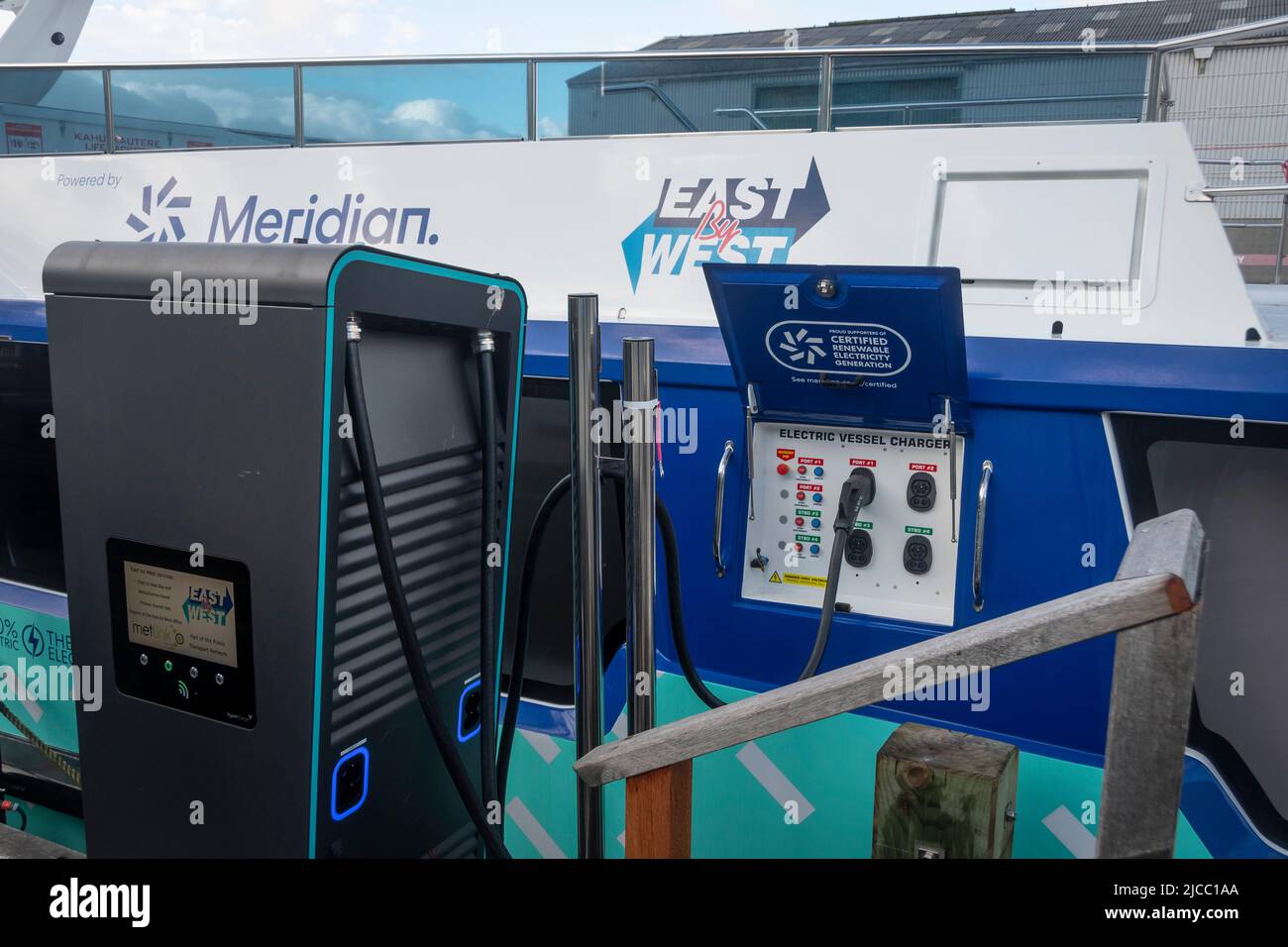 Electric powered ferry boat being charged at wharf, Wellington, North