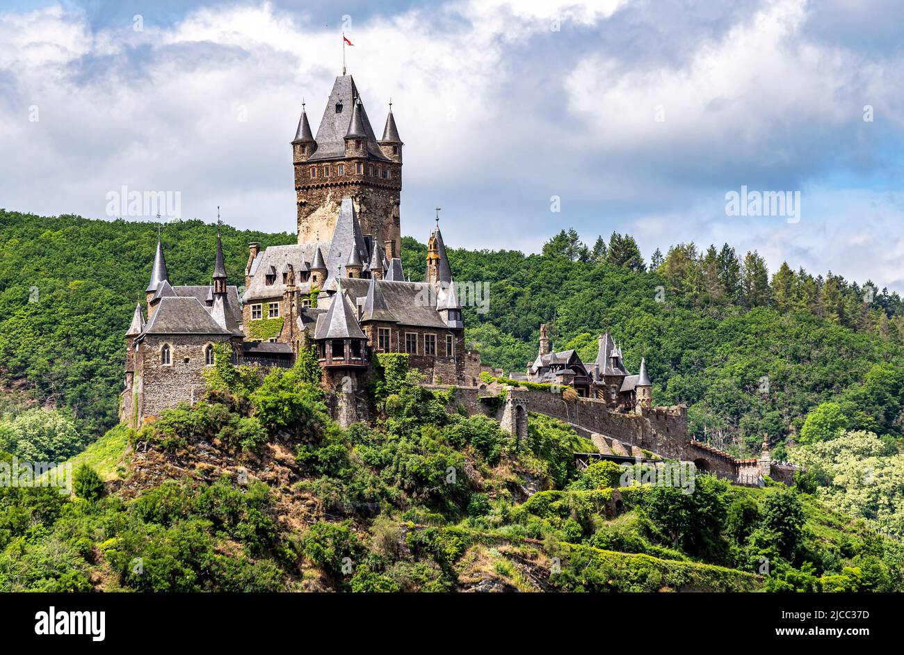 The Reichsburg Cochem (Imperial Castle Cochem) on a hill over the Moselle river. The Reichsburg Cochem had its first documentary mention in 1130. Stock Photo