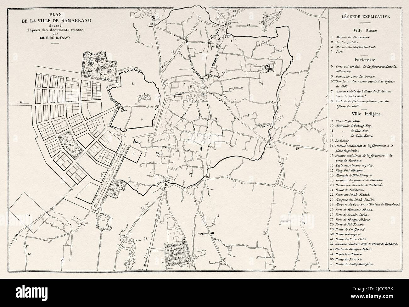 Old plan of the city of Samarkand, Uzbekistan, Central Asia. From Orenburg to Samarkand 1876-1878 by Madame Marie Ujfalvy-Bourdon, Le Tour du Monde 1879 Stock Photo