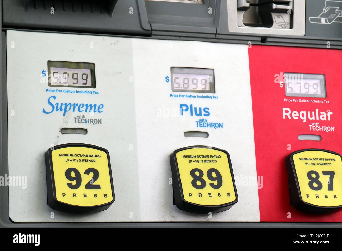 Poulsbo, United States. 11th June, 2022. A gas station meter in Poulsbo,  Washington displays a $5.99 price per gallon ($1.58 per liter). The average  retail price per gallon of gasoline in the