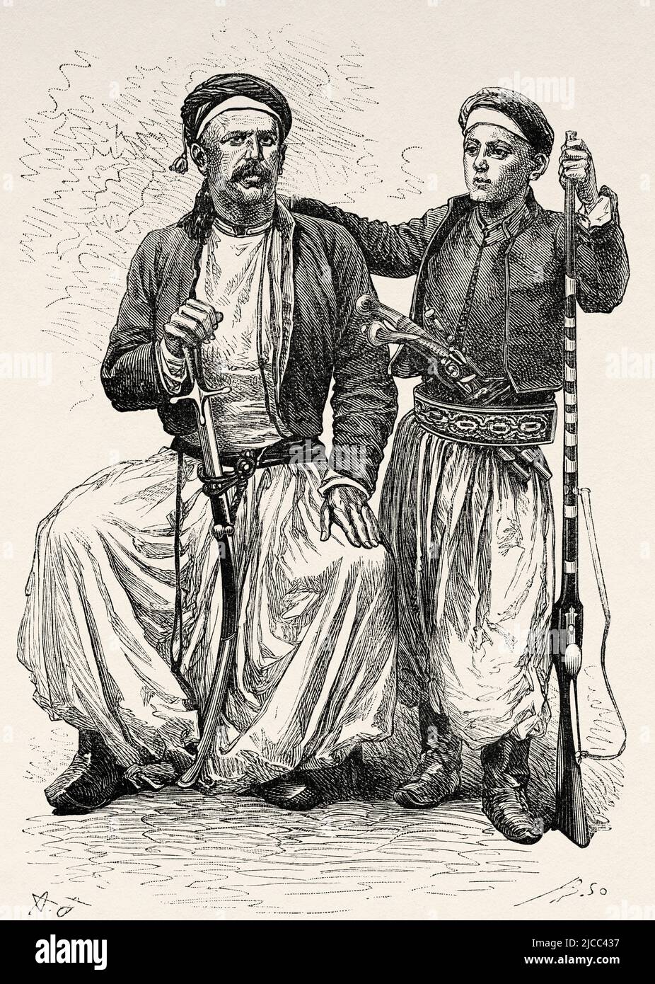 Arab father and son dressed in typical and traditional clothing of the Nusayriyah Mountains. Syria, Middle East. The Nusayris by Léon Cahun 1878. Le Tour du Monde 1879 Stock Photo