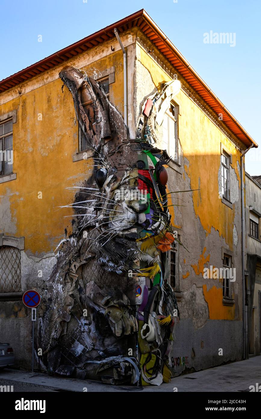 Rabbit artwork made fromjunk and scrap metal, street art in Vila Nova de Gaia, Porto, Portugal Stock Photo