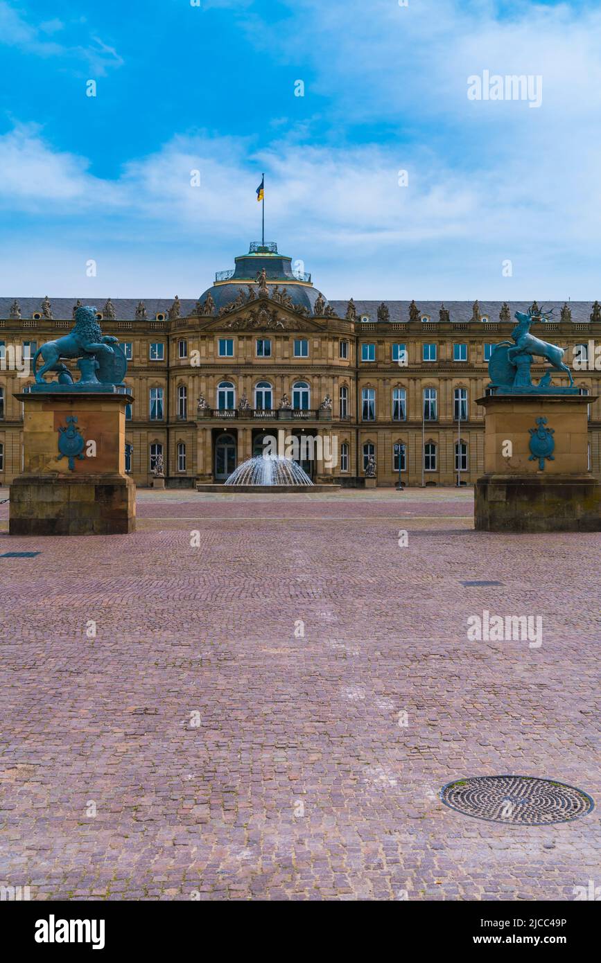 Germany, Historical new palace building in downtown stuttgart city with germany flag on rooftop on sunny day in summer, a popular sightseeing destinat Stock Photo