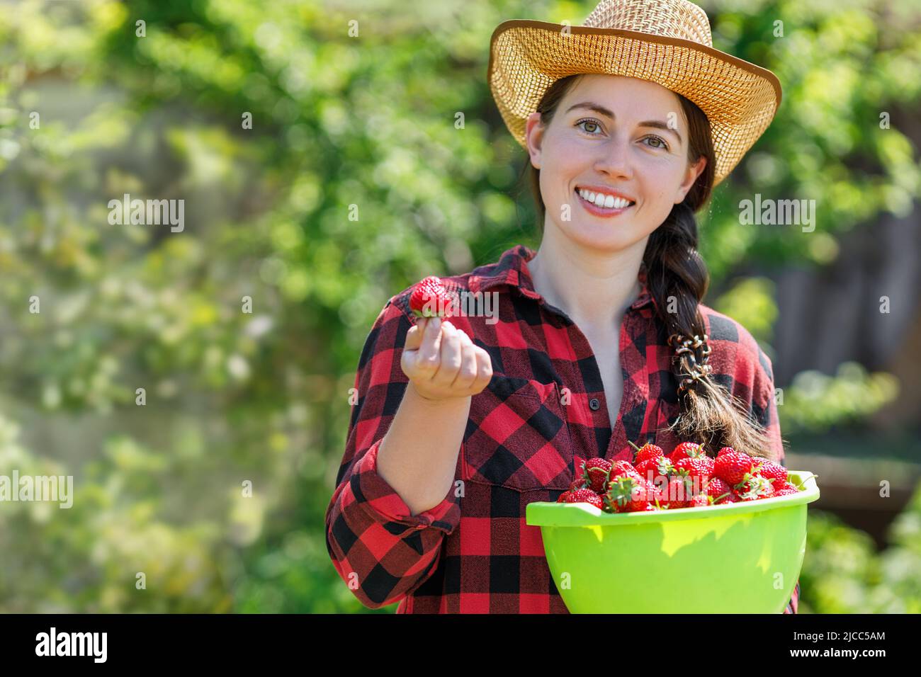 closeup portrait of young smiling woman farmer with strawberries in bowl Stock Photo