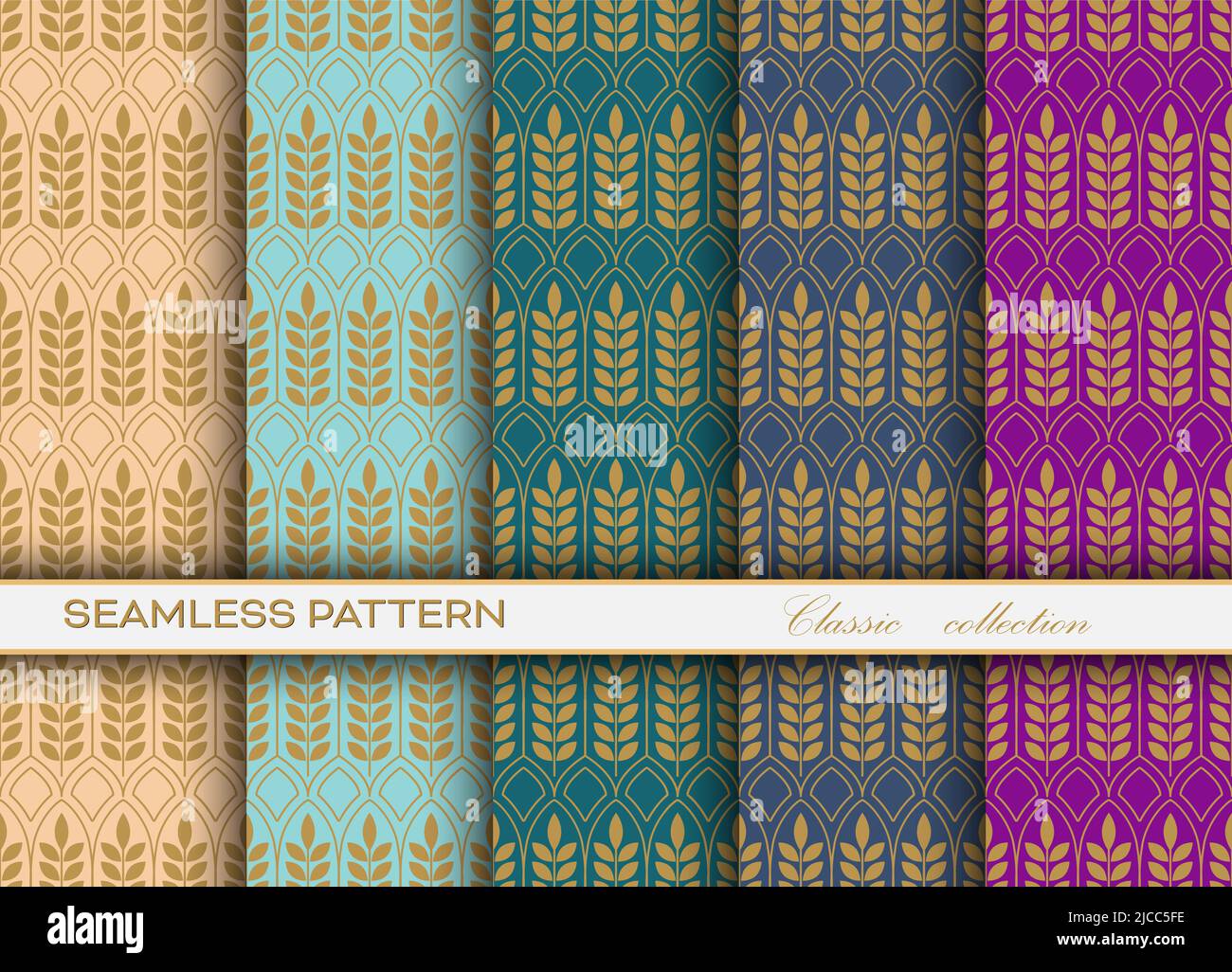 set of classic seamless decorative patterns with a golden openwork grid ...
