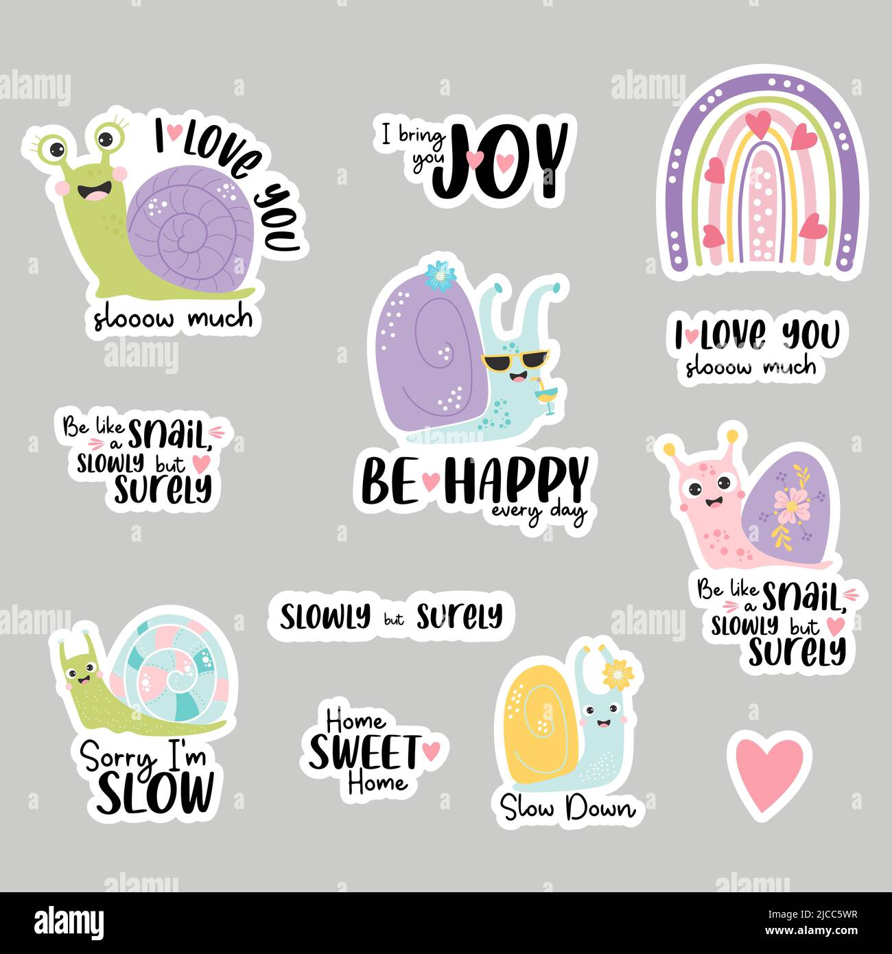 Set of stickers with snail characters, rainbow and funny phrases about ...