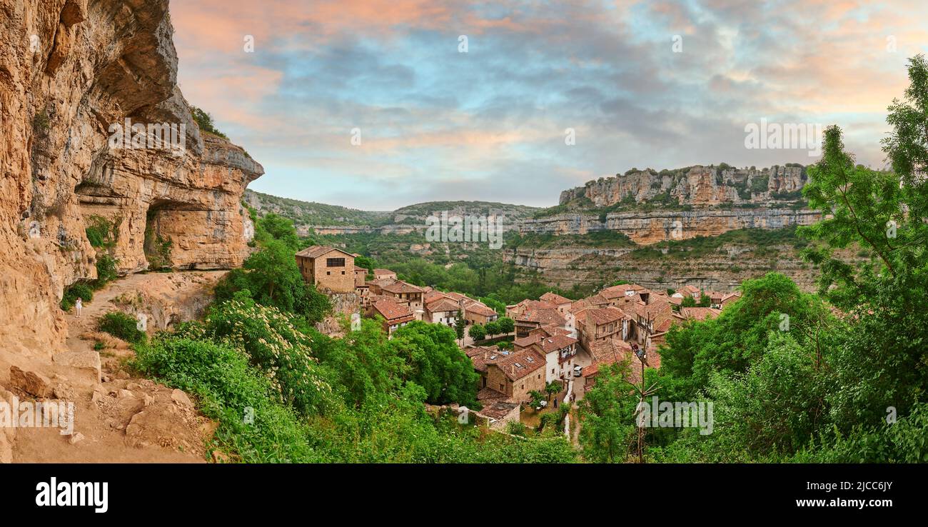 beautiful landscape at little town of Orbaneja del Castillo, Burgos, Spain, Europe Stock Photo