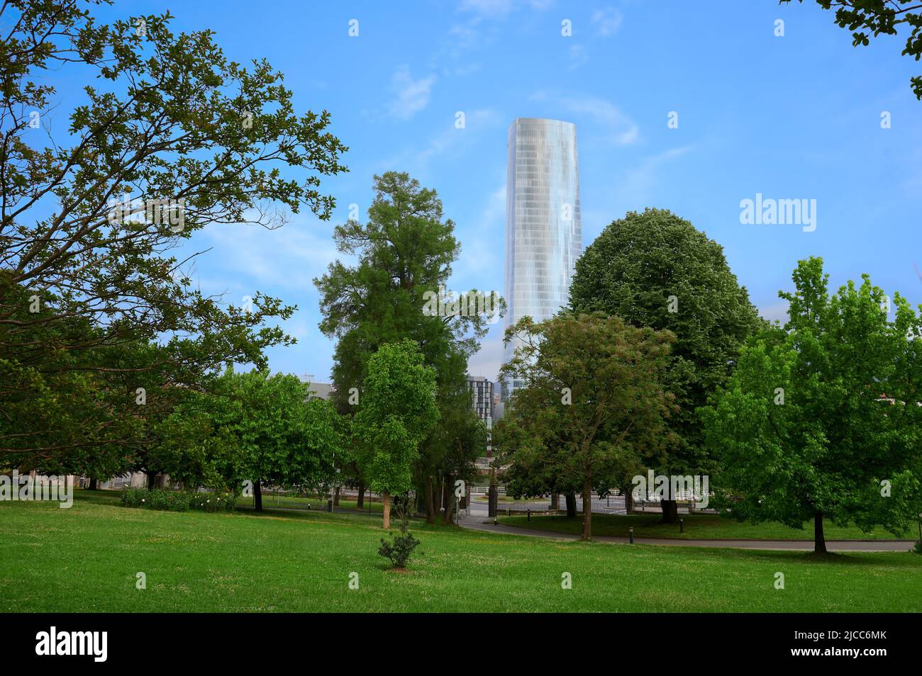 Campus of the Deusto University and Iberdrola tower at background, Bilbao, Biscay, Basque Country, Euskadi, Euskal Herria, Spain, Europe Stock Photo