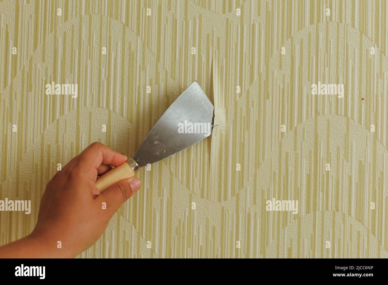 Preparing the wall for painting or sticking new wallpaper. Woman in gloves with a scraper in the