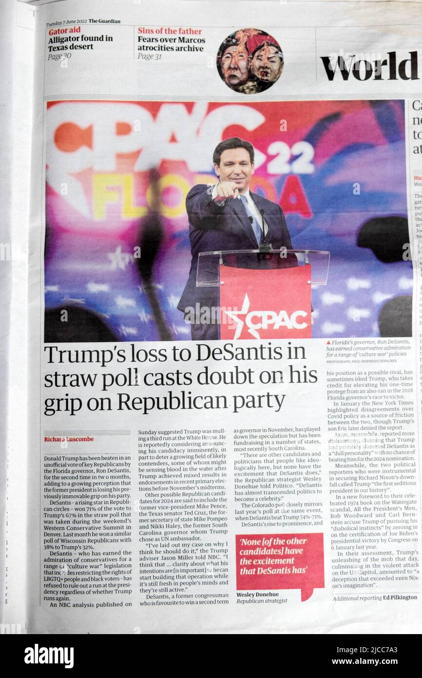 Donald 'Trump 's loss to (Ron) DeSantis in straw poll casts doubt on his grip on Republican party' US politics Guardian newspaper headline June 2022 Stock Photo